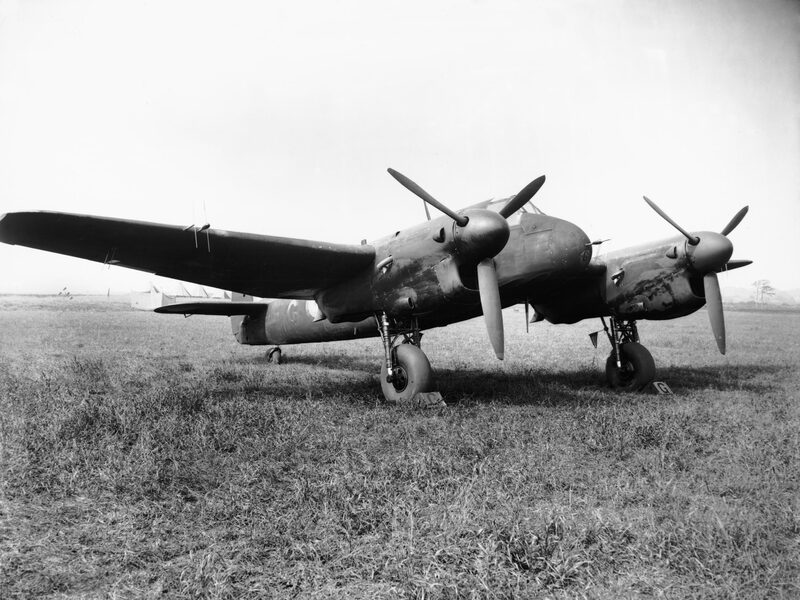 A Bristol Beaufighter Mk IIF night fighter of No. 255 Squadron standing on the grass at Hibaldstow, Lincolnshire, in September 1941, seen from the front with its Merlin engines.