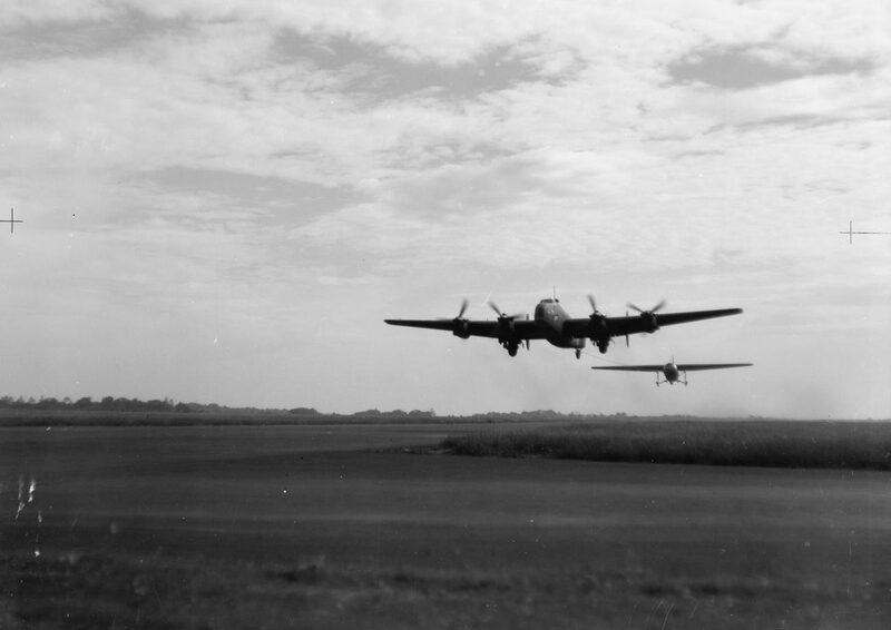 A Halifax A Mk V glider tug of No. 295 Squadron climbing away from Portreath, Cornwall, in 1943 with a Horsa glider on tow behind it, bound for North Africa.
