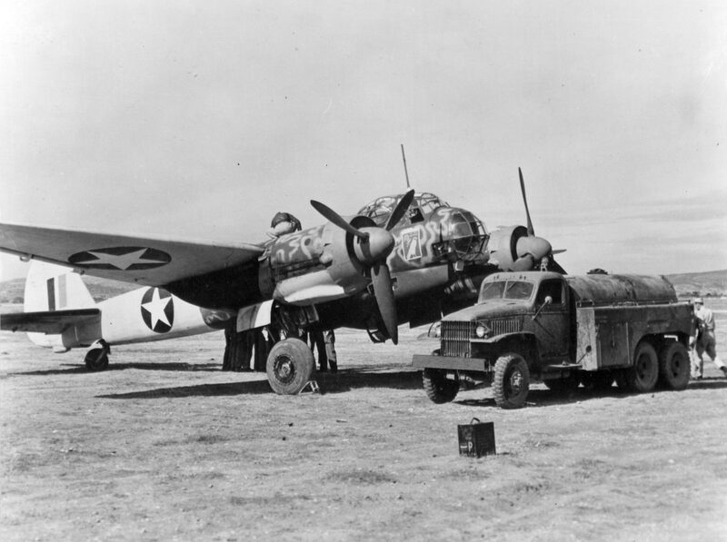 A captured Junkers Ju 88 A-4 in American markings being refuelled from a tanker lorry at Foggia, Italy, in October 1943.