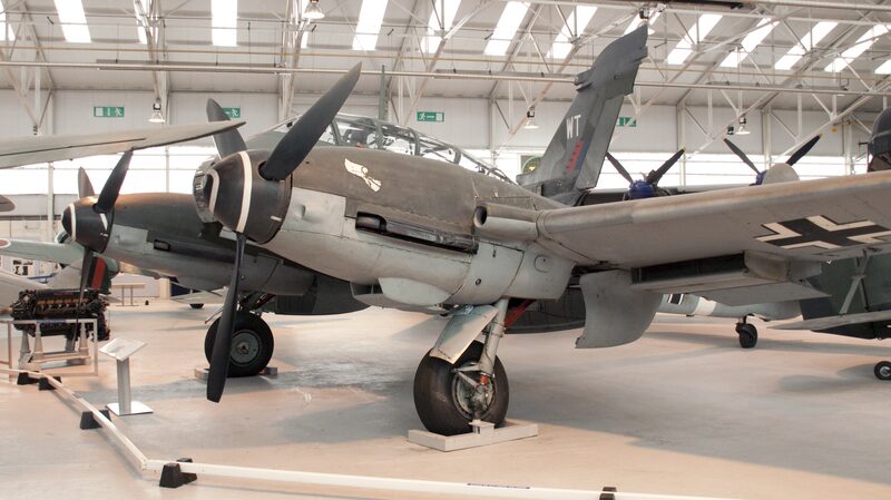 A preserved Messerschmitt Me 410 A-1/U2 in Luftwaffe markings on display inside a hangar at the RAF Museum, Cosford.